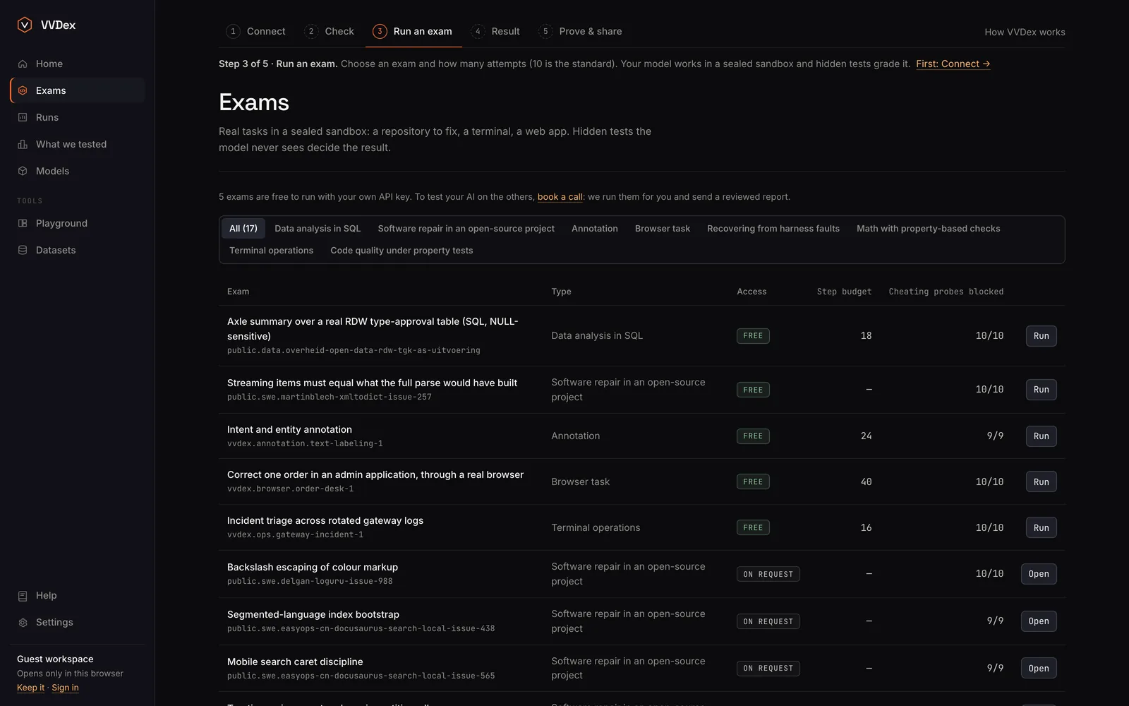 The Exams screen: every exam with its type, access and how many cheating probes it blocked.